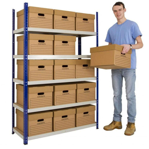 shelves stacked with archive boxes with a man holding an archive box