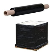 A roll of lack pallet wrap and a pallet wrapped in black pallet wrap on a white background
