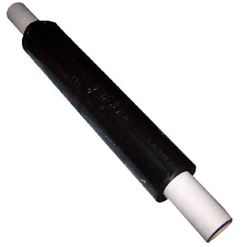 A roll of black pallet wrap, used for securing goods during transit, with a thickness of 17 microns and a size of 400mm x 250 meters.