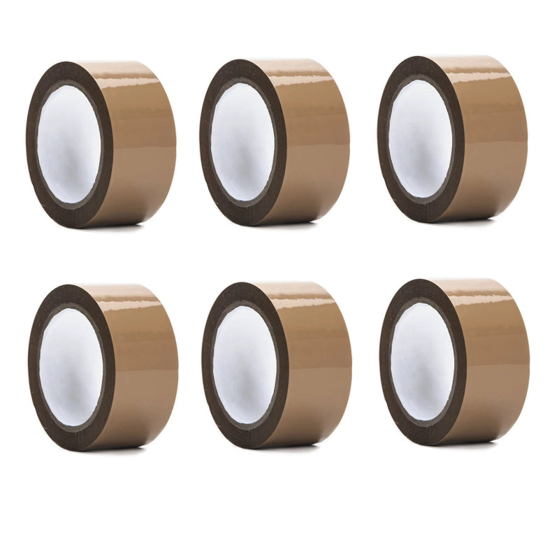 Six rolls of brown tape on a white background