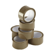 six rolls of brown sealing tape stacked on top of each other on a white background