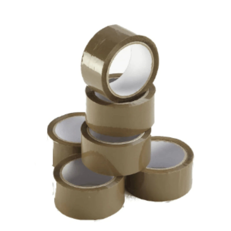 six rolls of brown sealing tape stacked on top of each other on a white background