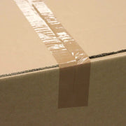 close up image of a cardboard box sealed with brown sealing tape