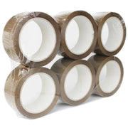 six rolls of brown sealing tape in a clear plastic shrinkwrapped pack on a white background