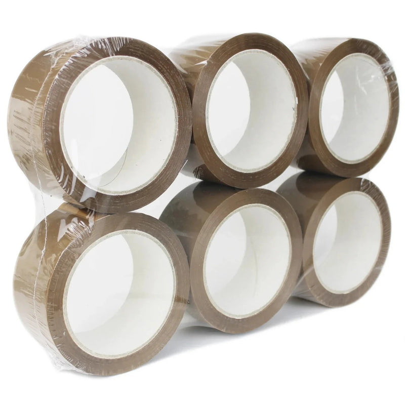 six rolls of brown sealing tape in a clear plastic shrinkwrapped pack on a white background