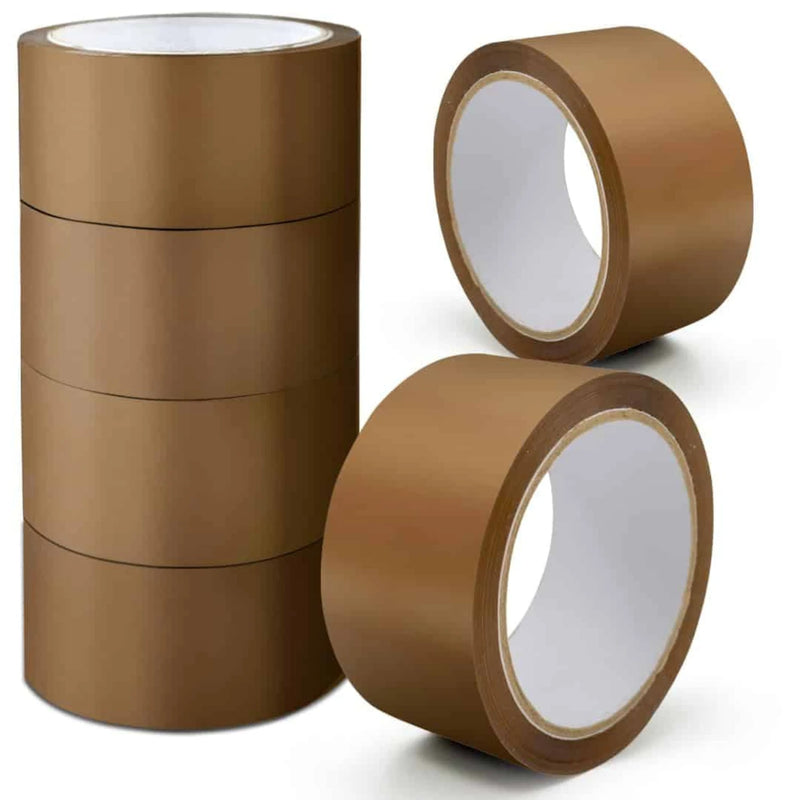 six rolls of brown tape on a white background
