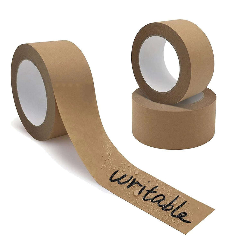 rolls of brown paper tape. One roll has been unwound with the word "writable" written on it and covered in water droplets 