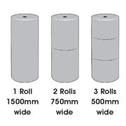 explainer diagram of how a bale of bubble wrap can be split into 3 for 500mm or 2 for 750mm or left unsplit for 1500mm wide