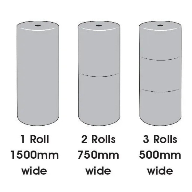 explainer diagram of how a bale of bubble wrap can be split into 3 for 500mm or 2 for 750mm or left unsplit for 1500mm wide
