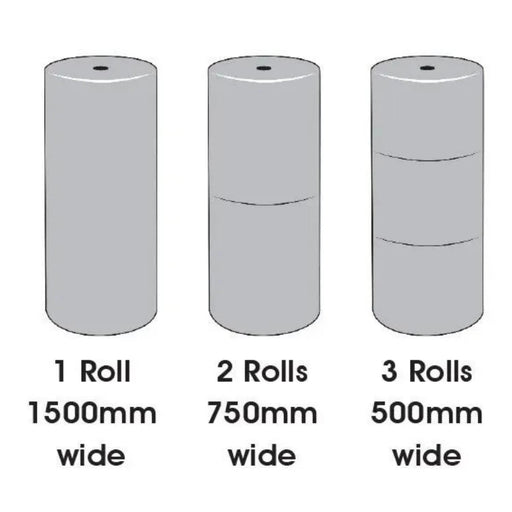 explainer diagram of how a bale of bubble wrap can be split into 3 for 500mm or 2 for 750mm or left unsplit for 1500mm wide