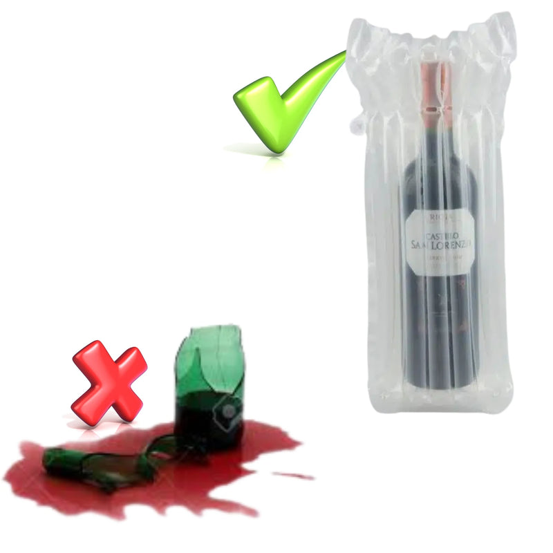 an infographic with a broken wine bottle beside a Bubl Single air cushioning pod of wine bottles on a white background suggesting that Bubl Packaging is more protective