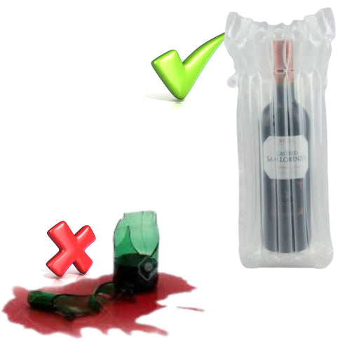 an infographic with a broken wine bottle beside a Bubl Single air cushioning pod of wine bottles on a white background suggesting that Bubl Packaging is more protective