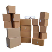 Budget Moving Kit of 19 boxes with bubble wrap, sealing tape and a marker on a white background