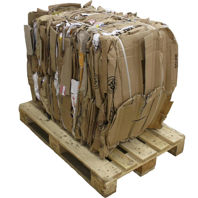 A bale of cardboard on a wooden euro pallet balled with a Cardboard Baler from Box Depot