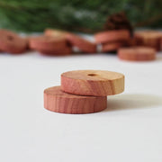 closeup of two cedar moth repellent wooden disks with more cedar moth repellent as well as greenery in the background