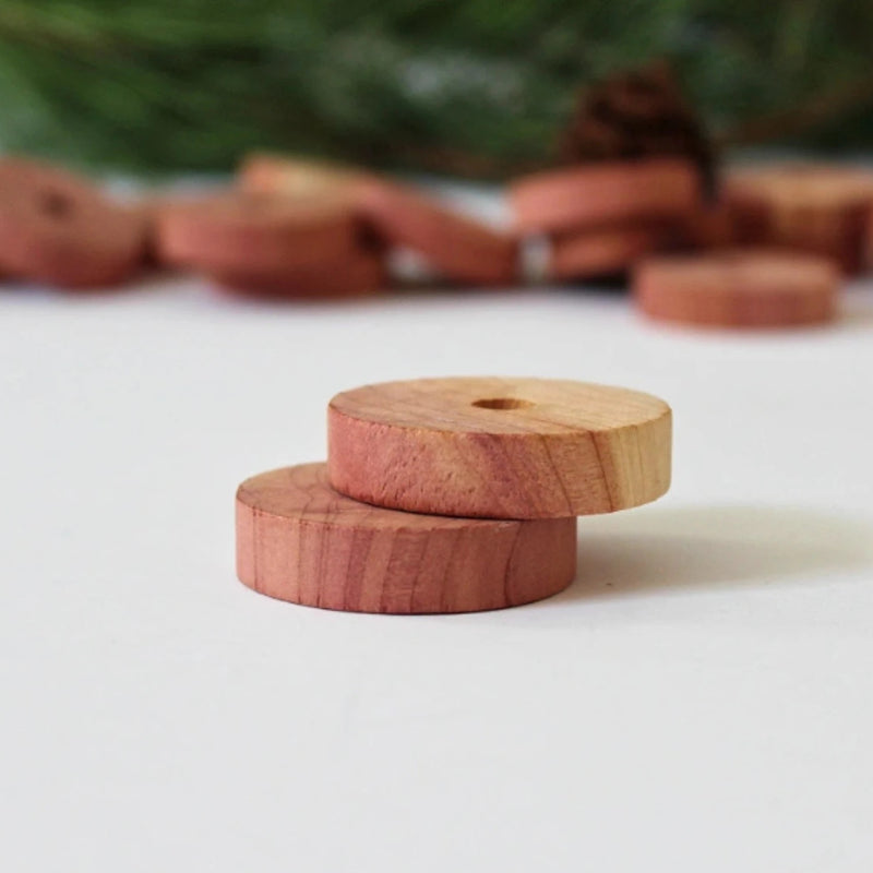 closeup of two cedar moth repellent wooden disks with more cedar moth repellent as well as greenery in the background