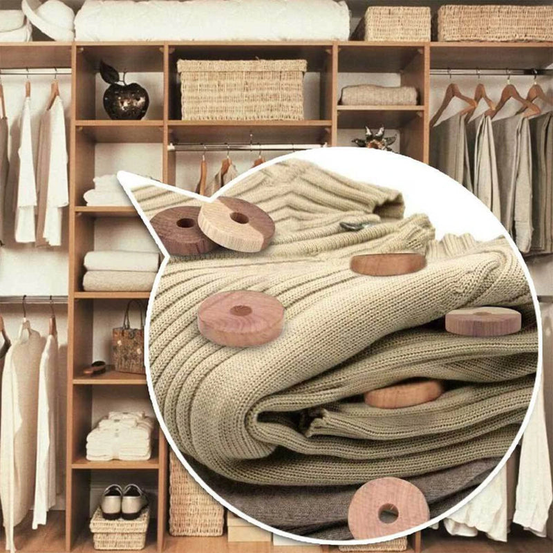 built-in wardrobe filled with clothes and a closeup detail of jumpers with cedar moth repellent rings placed amongst them