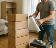 Man wrapping a stack of cardboard boxes with clear pallet  wrap in a living room.