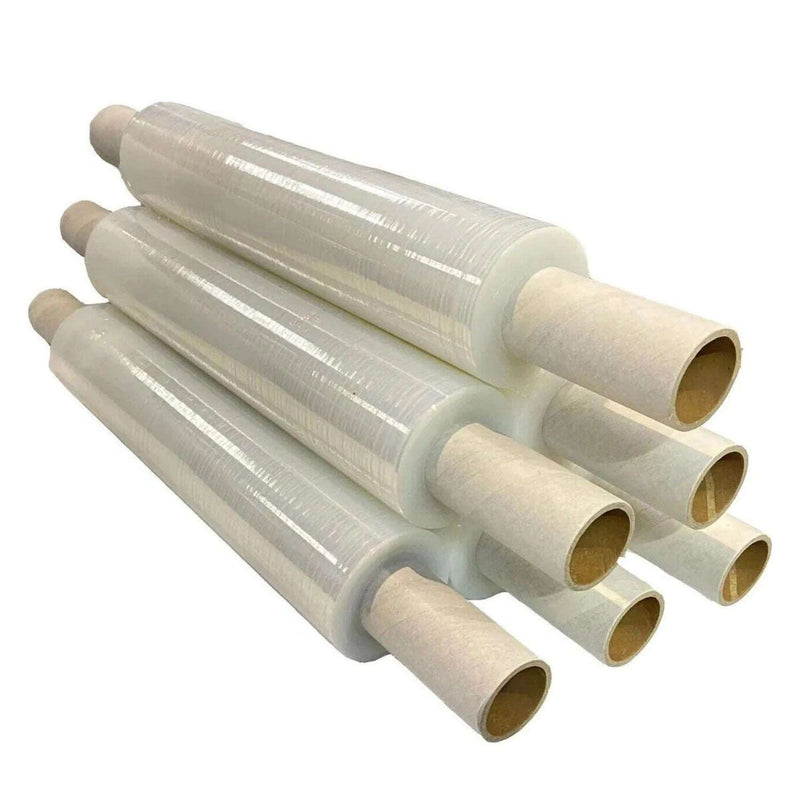 6 rolls of clear pallet wrap stacked in a pyramid on a white background