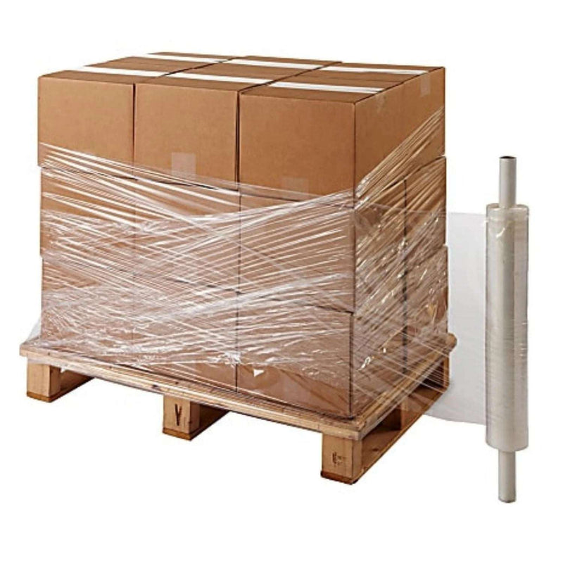 pallet of cardboard boxes being wrapped in clear pallet wrap on a white background