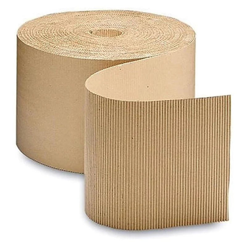 a large roll of corrugated cardboard showing some of the ridges on one side of the cardboard on a white background