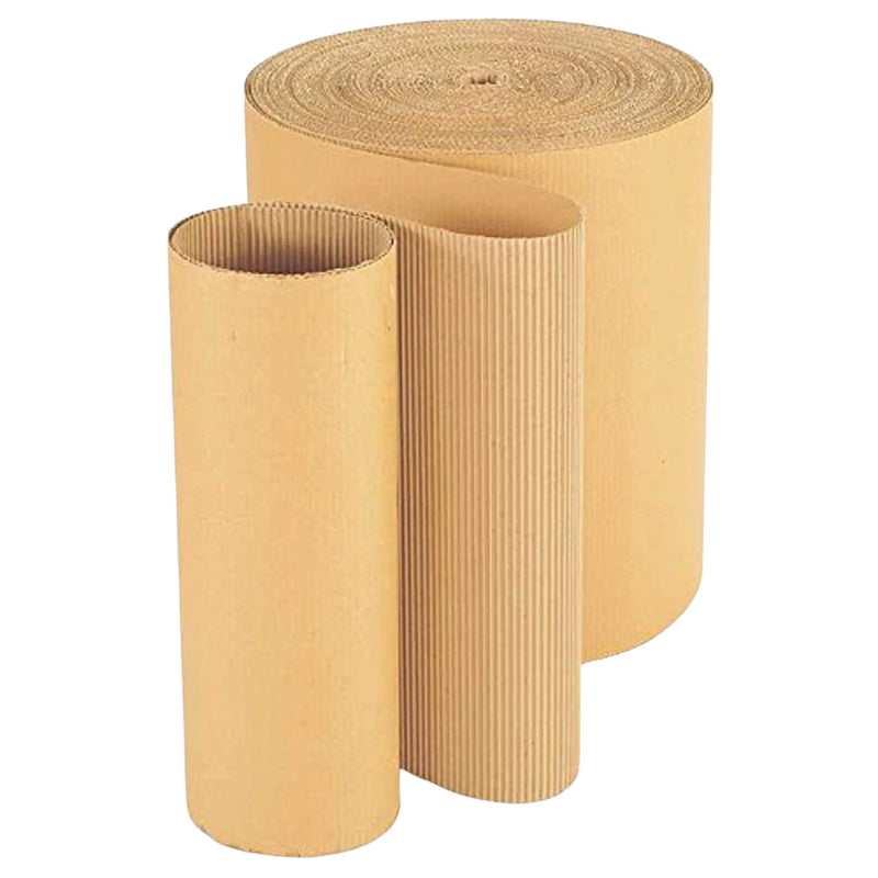 a partly unrolled roll of corrugated cardboard on a white background