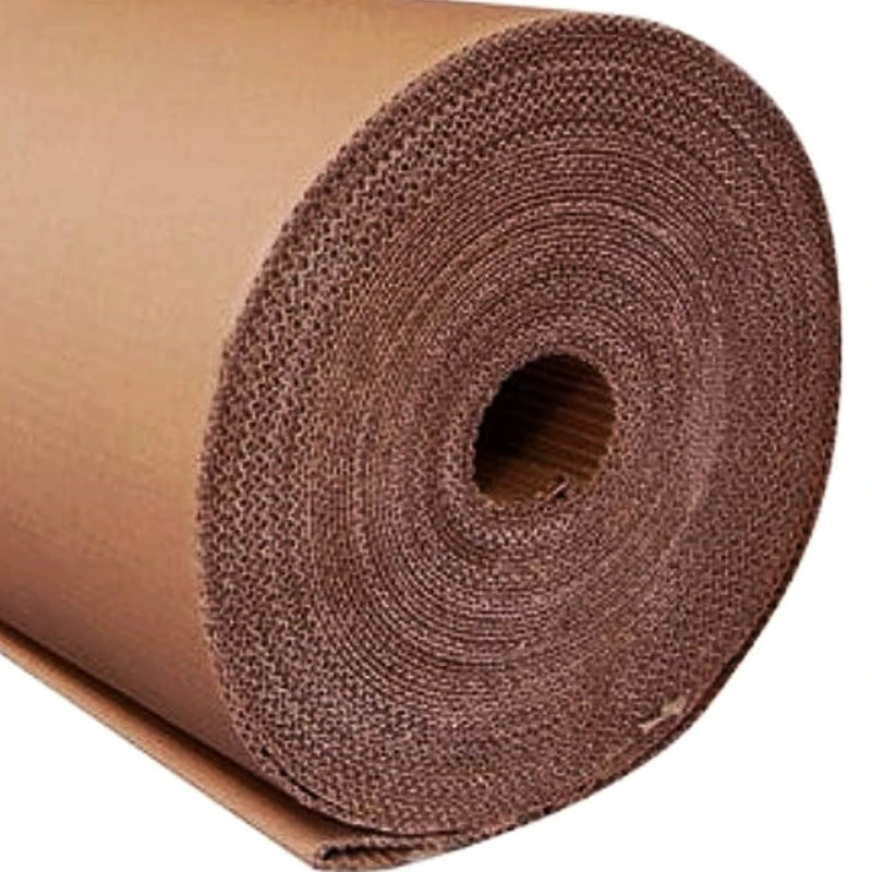 side view of a roll of corrugated cardboard on a white background