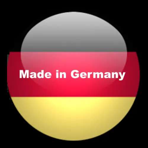 Icon with German flag colours of black, red and yellow with the words "Made in Germany" in white text across the red section of the flag