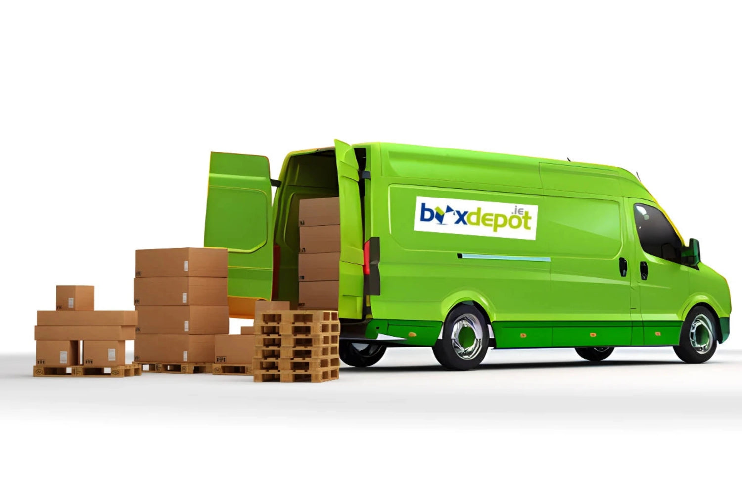 Green delivery van with Box Depot logo next to stacked boxes and pallets on a white background