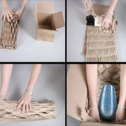 Four images of the different ways shredded cardboard can be used to pack products.