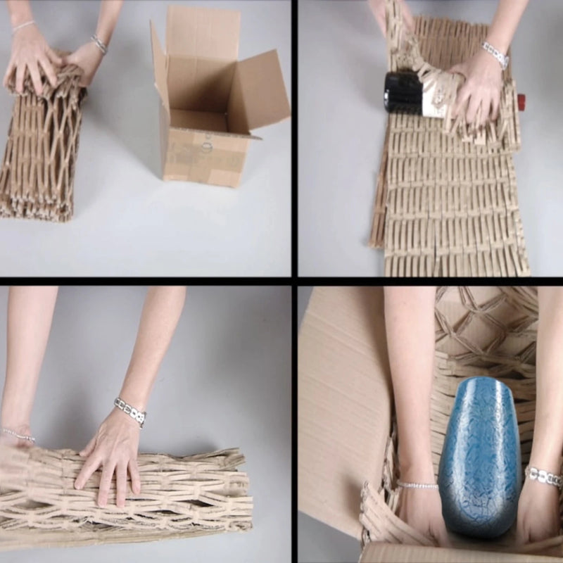 Four images of the different ways shredded cardboard can be used to pack products.