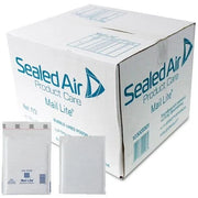 a box of Sealed Air Mail Lite padded envelopes with two padded envelopes on a white background