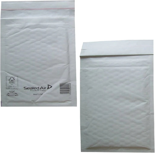 Two Sealed Air Mail Lite white padded envelope mailers on a white background