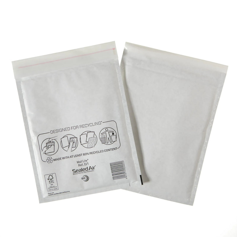 two empty mail lite padded envelopes on a white background