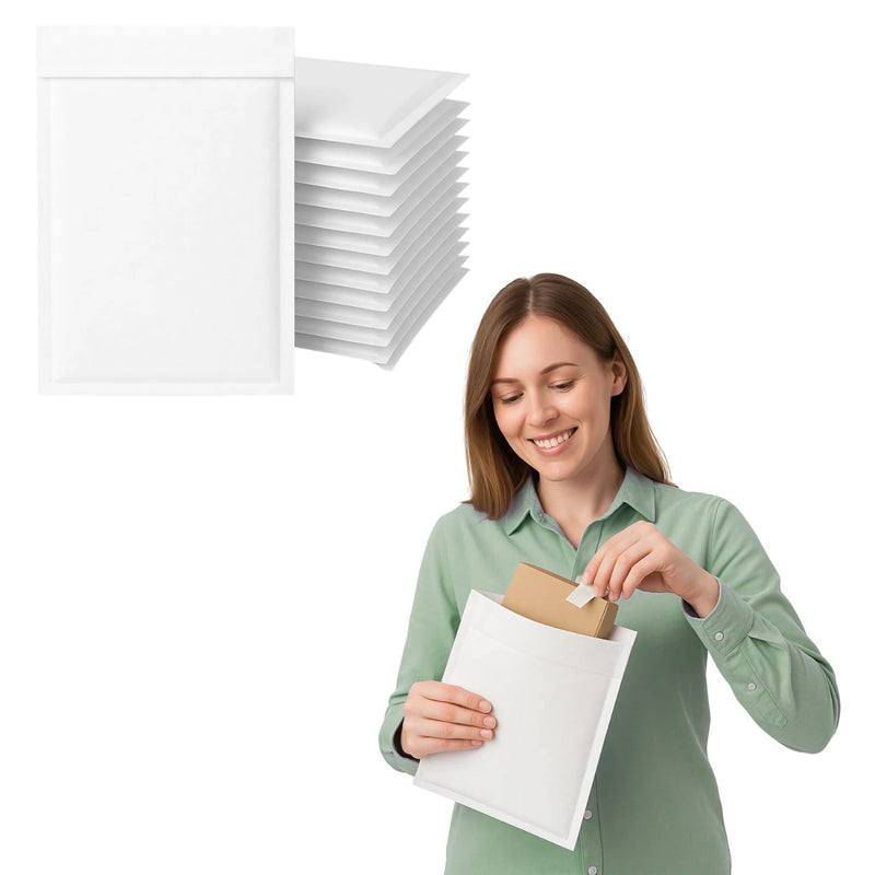 Woman holding a white mail lite padded envelope and removing a small box from the envelope  with a stack of envelopes above her on a white background