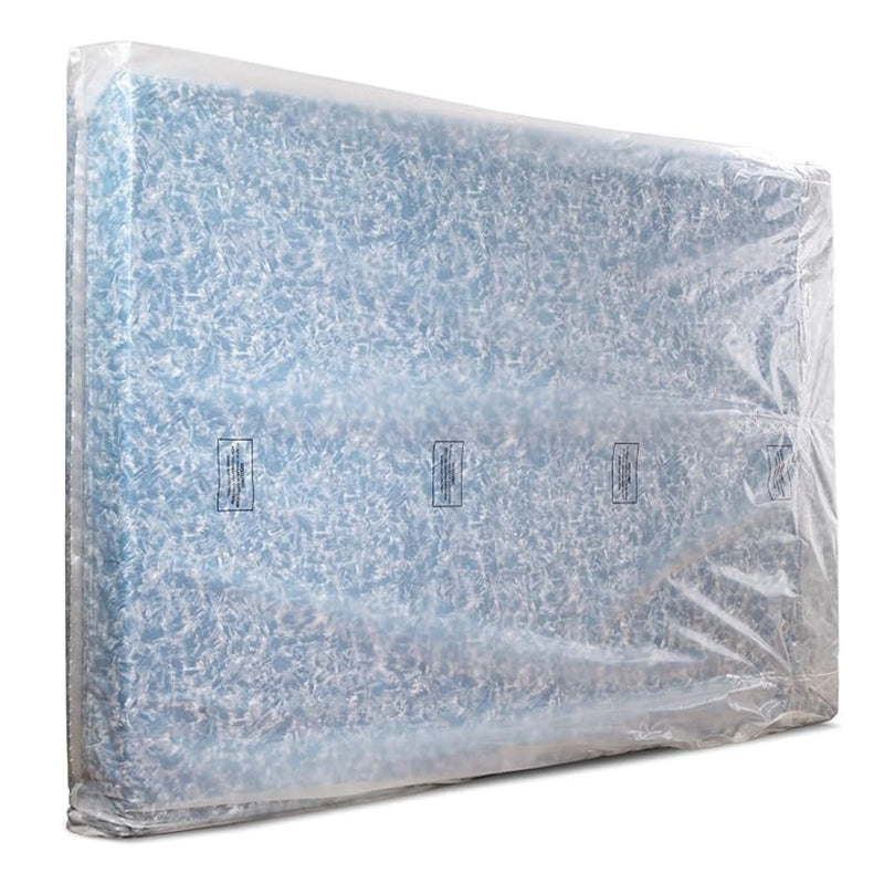 Double or superking mattress covered by a plastic mattress bag on a white bakground