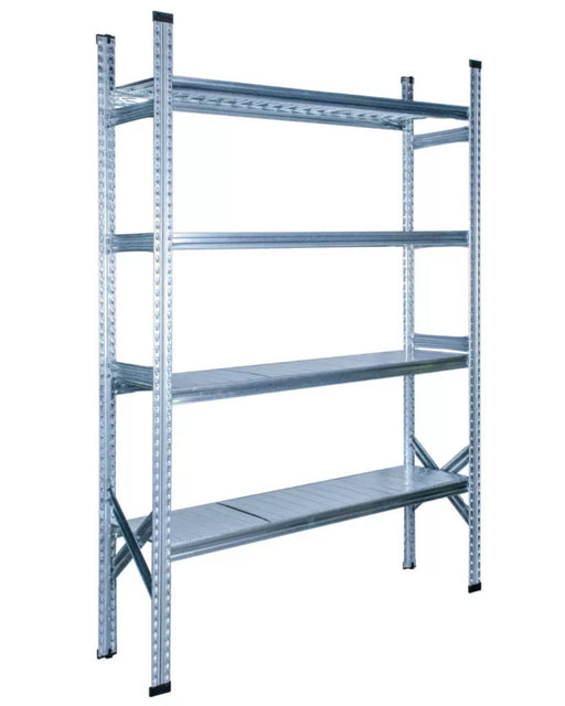 a four-shelf boltless shelving unit on a white background