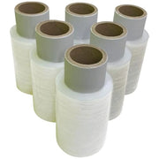 six rolls of mini pallet wrap on a white background