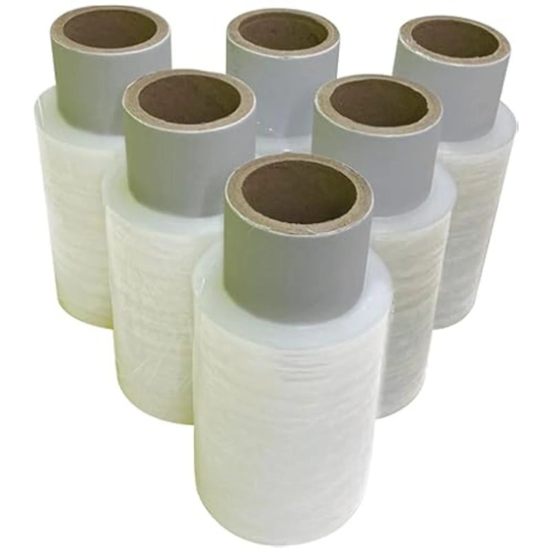 six rolls of mini pallet wrap on a white background