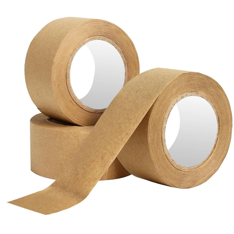 Three rolls of brown paper tape on a white background