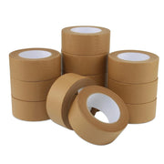 twelve rolls of brown paper tape on a white background