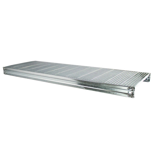 a shelf used with the boltless shelving systems available at Box Depot on a white background