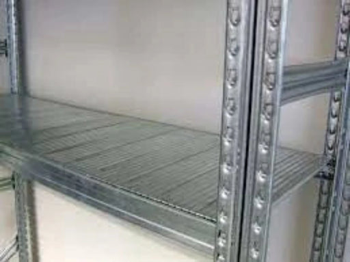 closeup of the shelf of a boltless shelving system that is sold by Box Depot