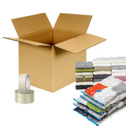 a open cardboard box with clothes in a vacuum storage bag and rolls of clear tape on a white background