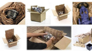 various images displaying how shredded cardboard made with a CushionPack Cardboard Shredder can be used to protect products