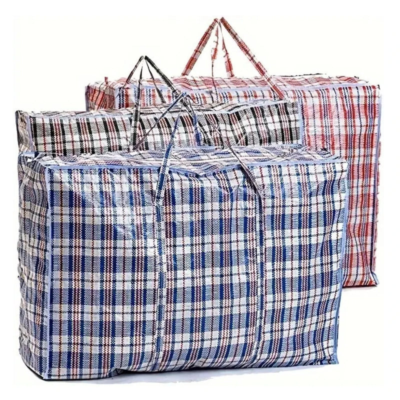 three plastic fabric large storage bags in blue, black and red tartan on a white background