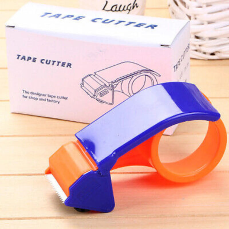 Blue and orange tape dispenser cutter with packaging on a wooden surface