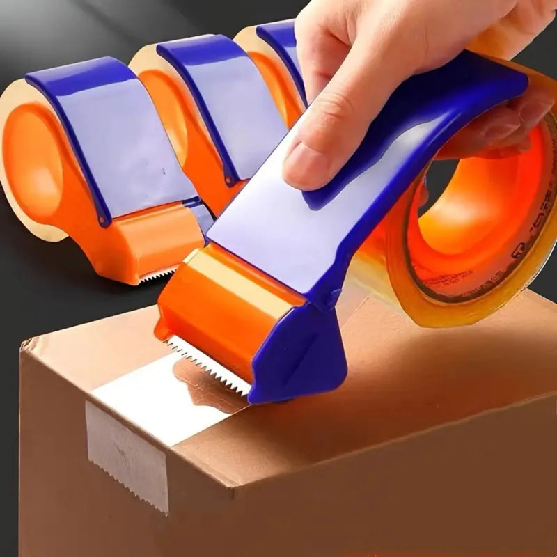 tape dispenser with clear tape sealing a box beside a display of three tape dispensers