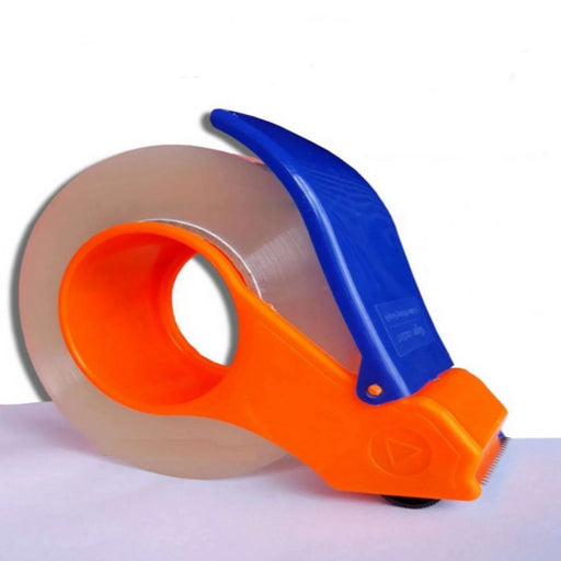 an orange and blue plastic tape dispenser with a roll of seaing tape on a plain background