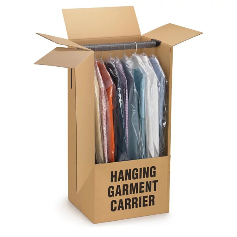 clothes hanging on the rail of a cardboard wardrobe box on a white background